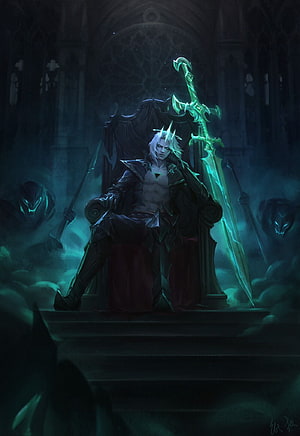 Viego the Ruined King Seated on Throne with Glowing Sword in Dark Cathedral HD phone wallpaper