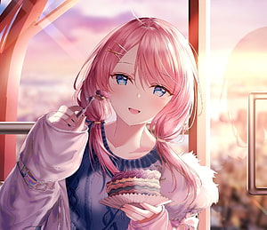 Pink-Haired Anime Girl Enjoying a Slice of Layered Cake by a Sunlit Window HD wallpaper