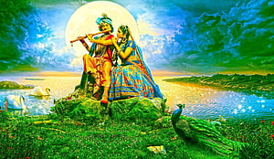 Radha Krishna Playing Flute Under Full Moon With Peacock And Swans HD wallpaper