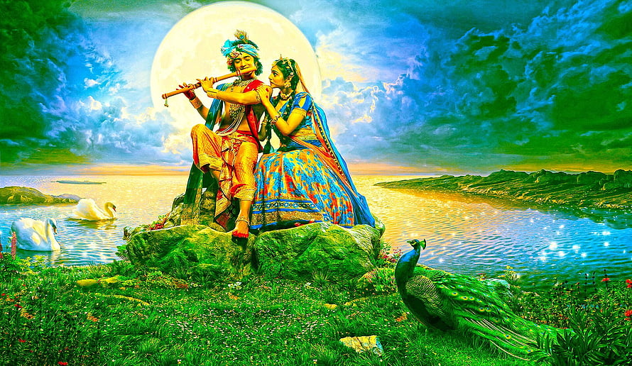 Radha Krishna Playing Flute Under Full Moon With Peacock And Swans HD wallpaper
