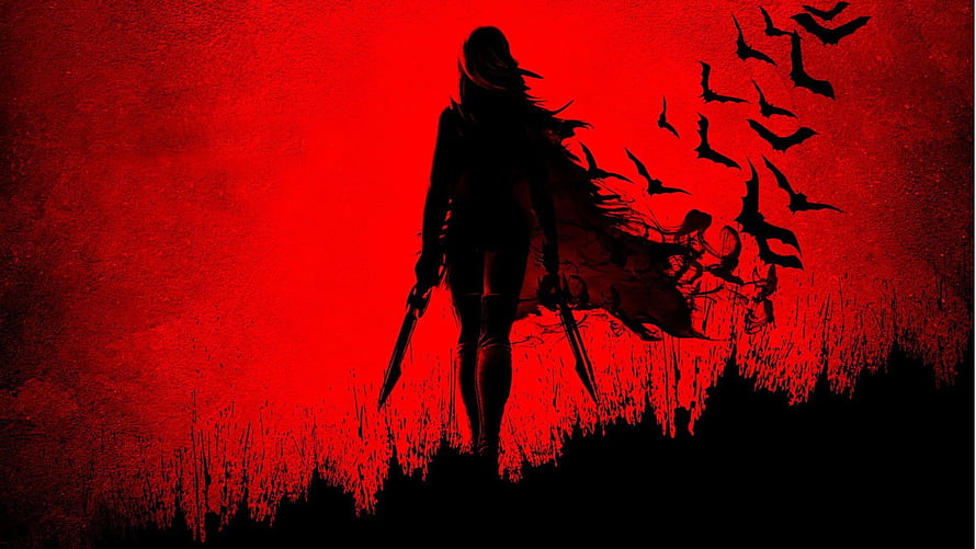 Dark Female Warrior Silhouette with Dual Swords and Bats Against a Blood Red Sky HD wallpaper