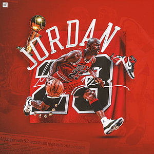 Michael Jordan Chicago Bulls Dribble Action with Championship Trophy and Number 23 Jersey HD phone wallpaper