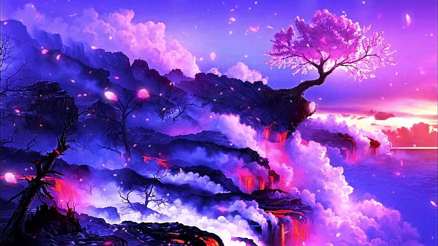 Vibrant Cherry Blossom Tree on Misty Cliffs with Lava Falls and Purple Sky HD wallpaper