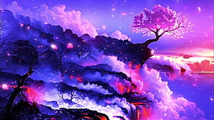 Vibrant Sakura Tree on Misty Cliffs with Glowing Lava Waterfalls and Purple Sky HD wallpaper