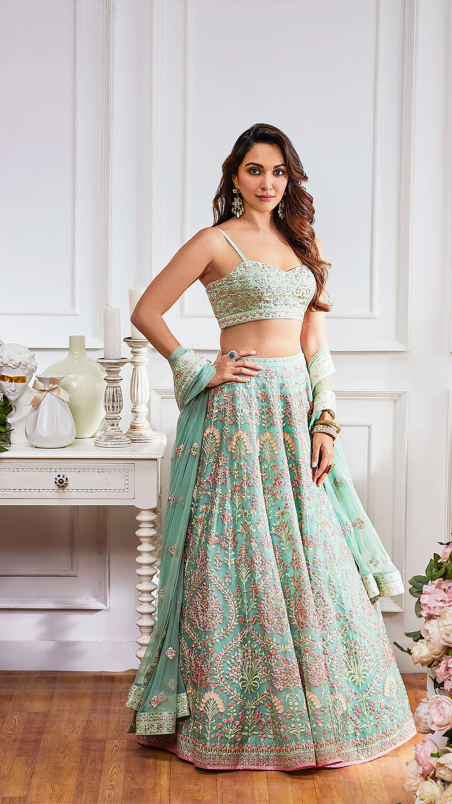 Kiara Advani in Mint Green Embroidered Lehenga Choli with Floral Motifs HD phone wallpaper