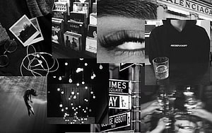 Monochrome Aesthetic Collage Featuring Urban Street Signs, Vintage Albums, and Moody Portraits HD wallpaper