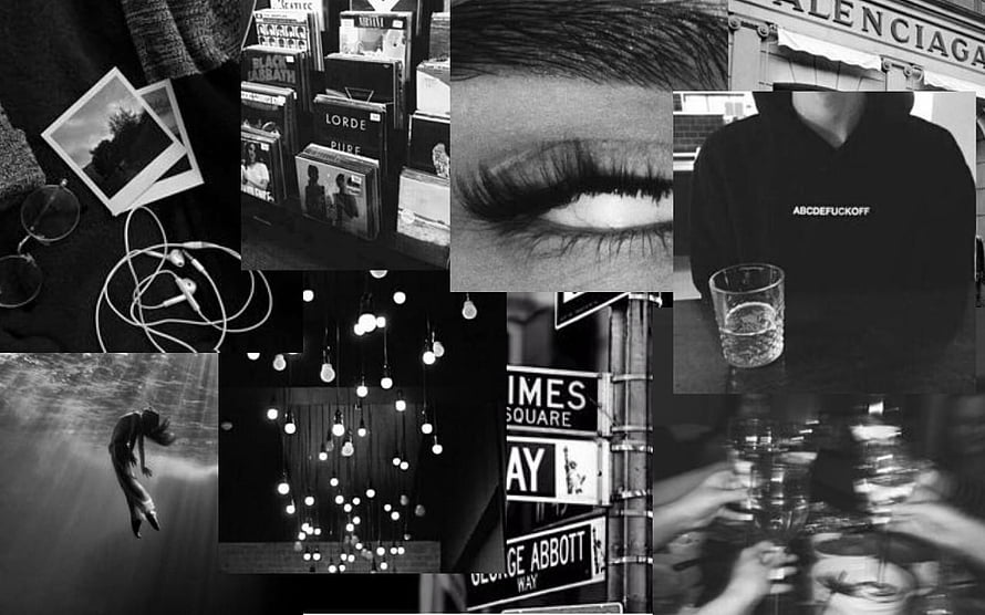 Monochrome Aesthetic Collage Featuring Urban Street Signs, Vintage Albums, and Moody Portraits HD wallpaper