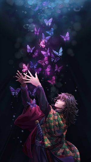 Giyu Tomioka Releasing Purple Butterflies in Dark Fantasy Anime Art HD phone wallpaper