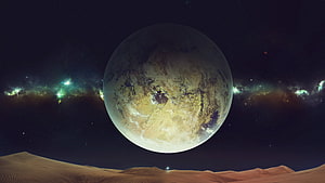 Giant Planet Rising Over Desert Dunes with Milky Way Galaxy in Deep Space HD wallpaper