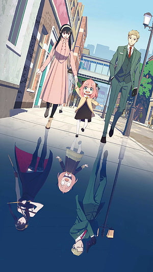 Spy x Family anime trio walking on a city street with surreal water reflections HD phone wallpaper
