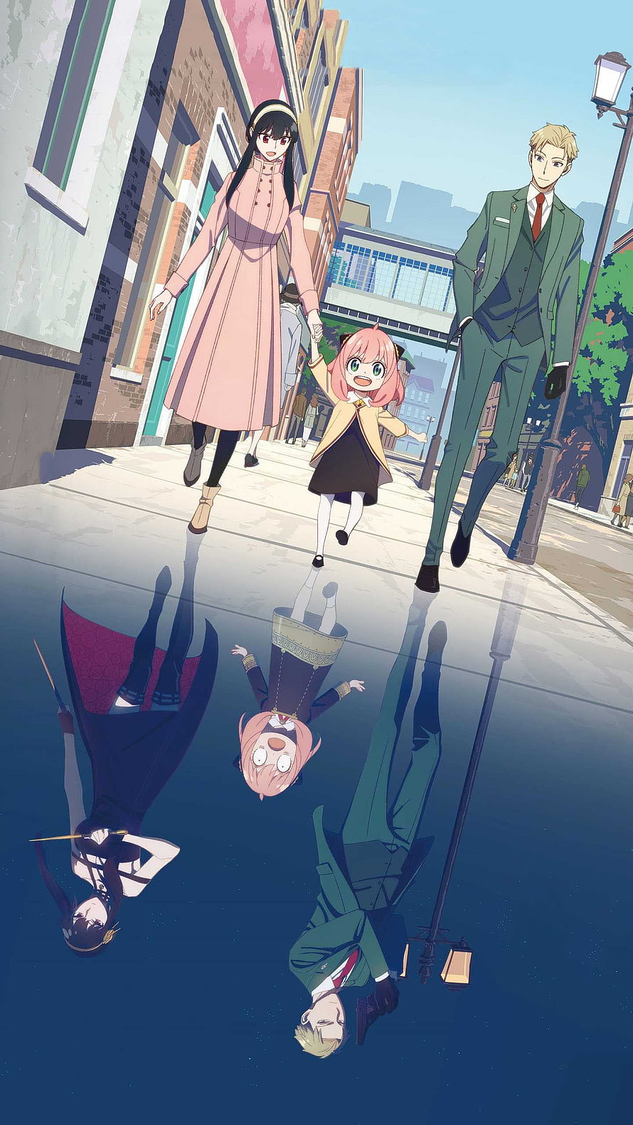 Spy x Family anime trio walking on a city street with surreal water reflections HD phone wallpaper
