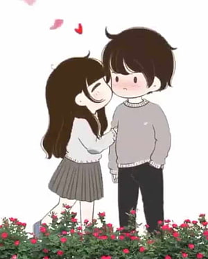 Cute Cartoon Couple Kissing in a Rose Garden with Floating Hearts HD phone wallpaper
