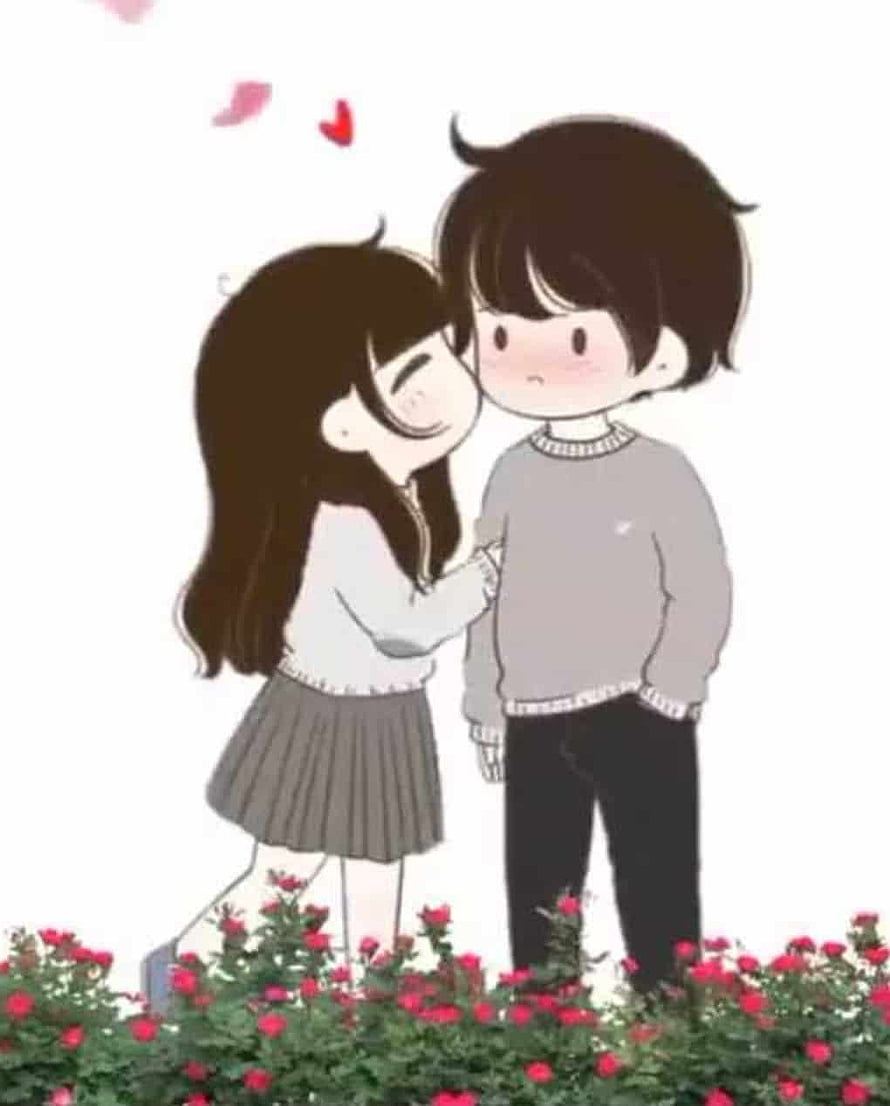 Cute Cartoon Couple Kissing in a Rose Garden with Floating Hearts HD phone wallpaper