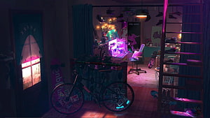 Neon-lit bedroom with gaming setup, bicycle, and skateboards in a cozy lofi atmosphere HD wallpaper
