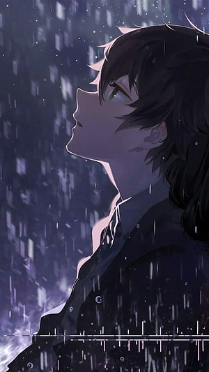 Melancholic Anime Boy Profile in Rainy Night Cityscape HD phone wallpaper
