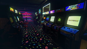 Neon-lit retro arcade interior with rows of vintage video game cabinets and glowing screens HD wallpaper