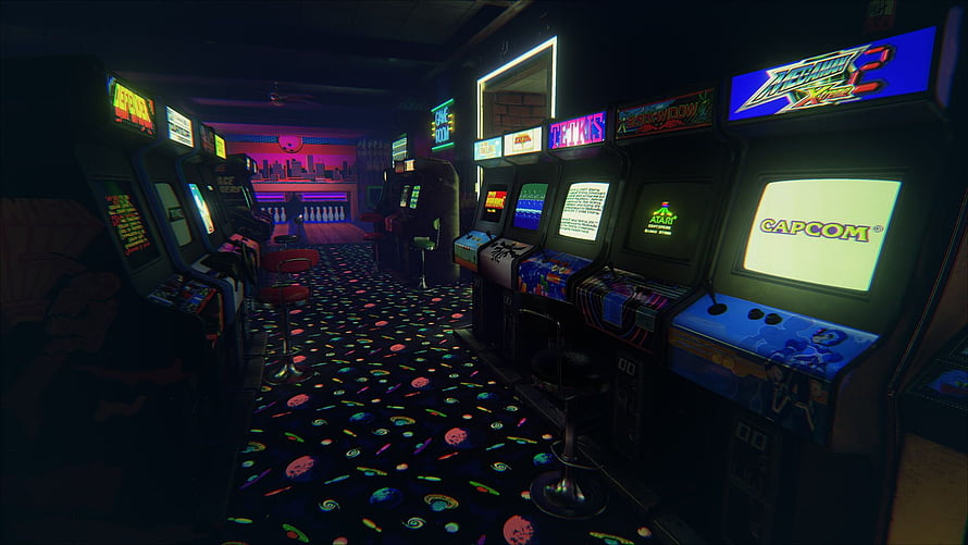 Neon-lit retro arcade interior with rows of vintage video game cabinets and glowing screens HD wallpaper