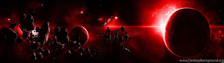 Crimson Space Scene with Asteroid Field and Glowing Red Planet HD wallpaper