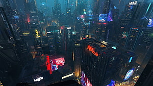 Neon-lit futuristic megacity skyline at night with towering skyscrapers and glowing holographic billboards HD wallpaper