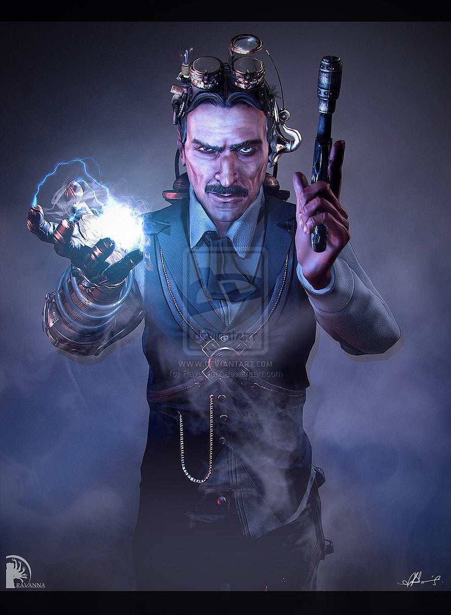 Steampunk Inventor with Tesla Coil and Electric Arc Digital Art HD phone wallpaper