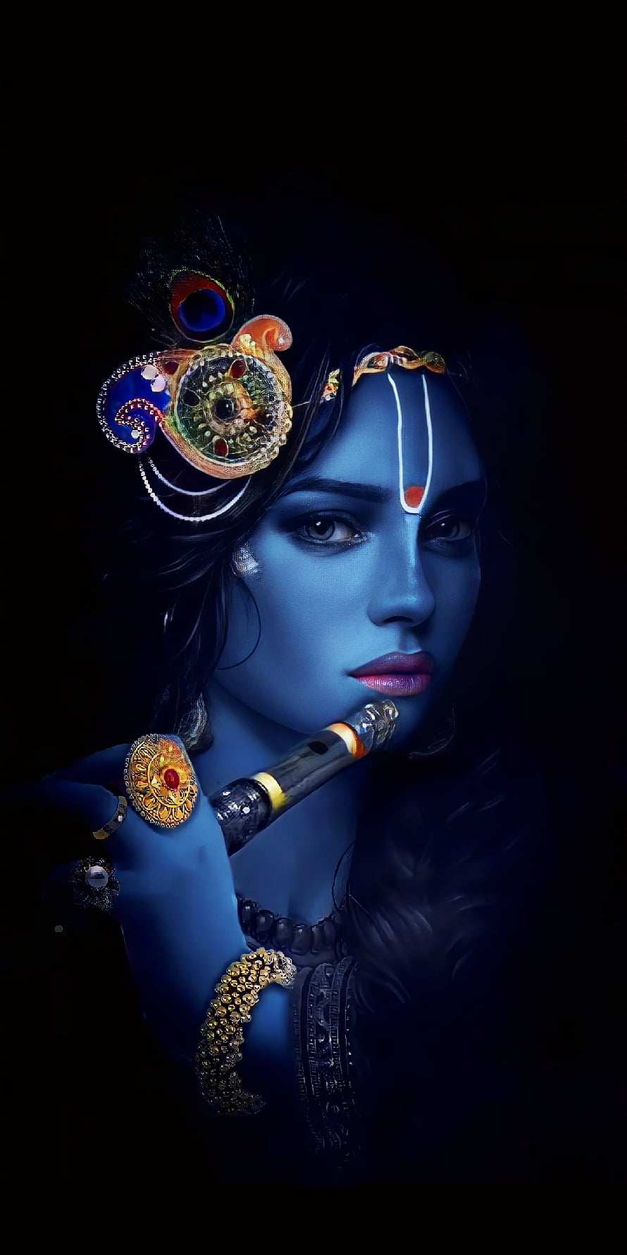 Krishna Portrait with Blue Skin, Flute, and Ornate Peacock Feather Headdress HD phone wallpaper