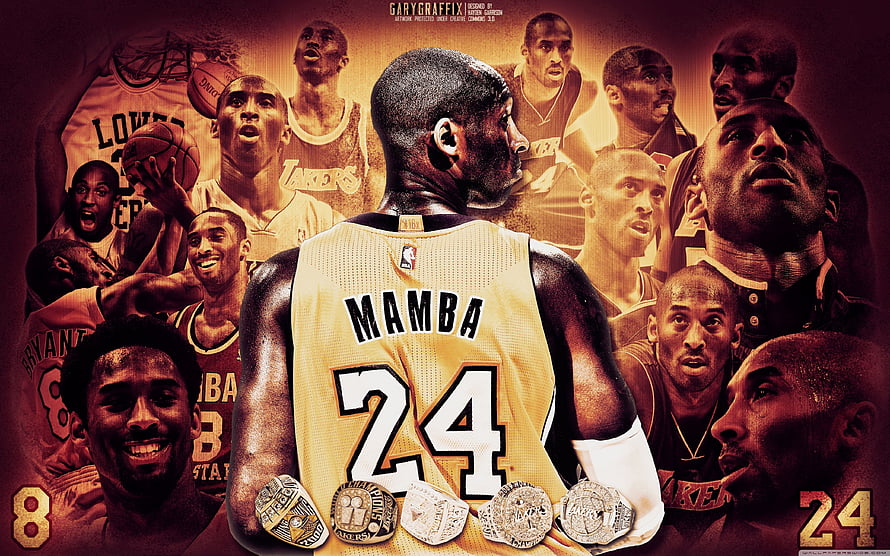 Kobe Bryant Mamba 24 Lakers Tribute Collage with Championship Rings HD wallpaper