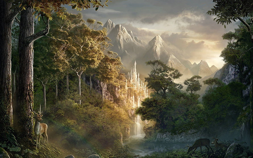 Enchanted Forest Valley with Majestic Mountains and Deer in Golden Light HD wallpaper