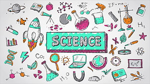Hand-Drawn Science Doodle Illustration Featuring Lab Equipment, Rocket, and DNA HD wallpaper