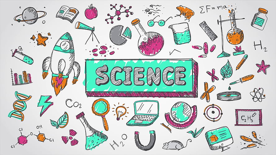 Hand-Drawn Science Doodle Illustration Featuring Lab Equipment, Rocket, and DNA HD wallpaper