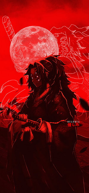 Kokushibo Demon Slayer Anime Artwork with Red Moon and Katana HD phone wallpaper