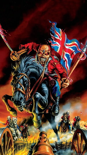 Iron Maiden Eddie on Horseback with Union Jack Flag and Cannons in Dark Fantasy Battle Scene HD phone wallpaper