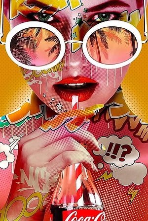 Pop Art Portrait of Woman with Round Glasses and Coca-Cola Bottle HD phone wallpaper