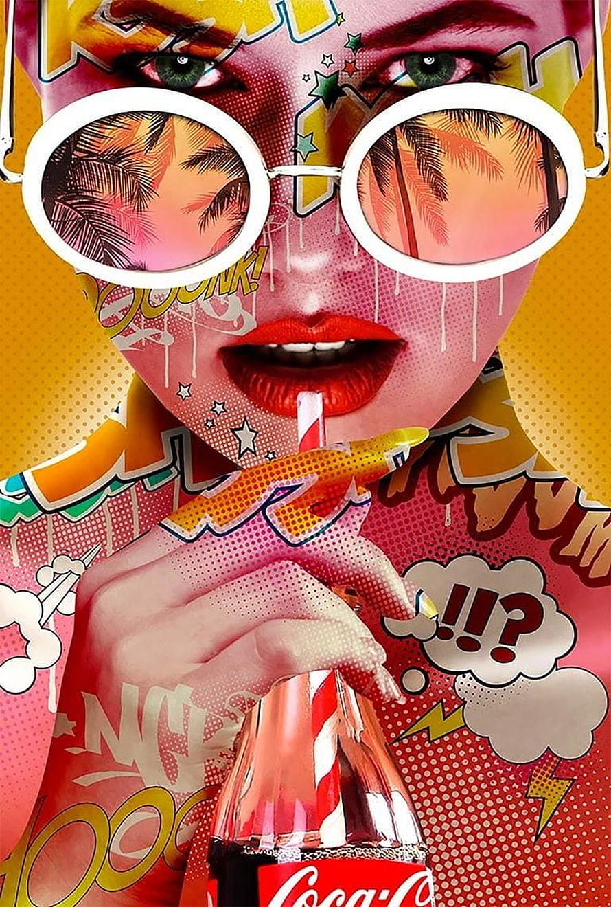 Pop Art Portrait of Woman with Round Glasses and Coca-Cola Bottle HD phone wallpaper