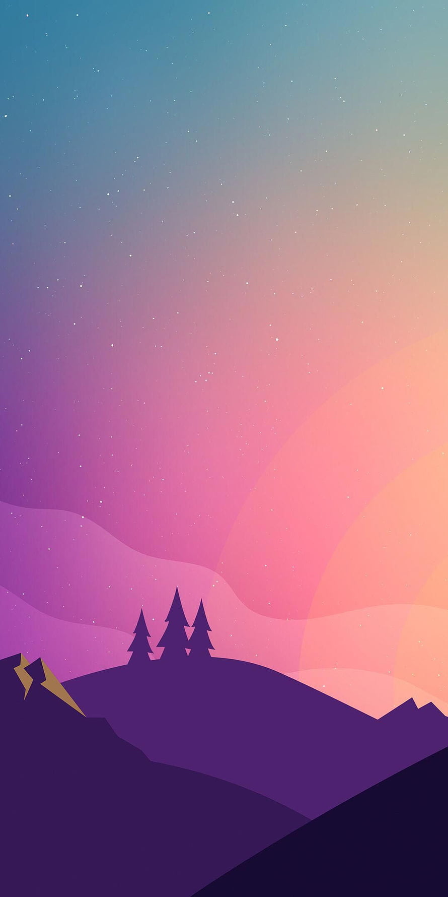 Minimalist Mountain Landscape with Pine Trees Under a Starry Sunset Sky HD phone wallpaper