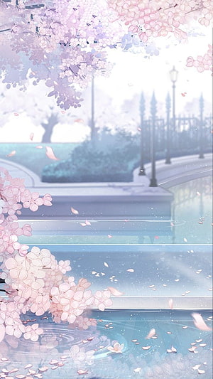 Dreamy Cherry Blossom Garden with Reflecting Pool and Falling Petals in Soft Pastel Anime Style HD phone wallpaper
