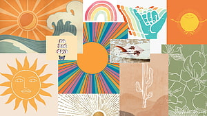 Retro Boho Collage Wallpaper Featuring Sun, Rainbow, and Desert Motifs HD wallpaper