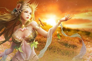Ethereal Fantasy Woman in Floral Armor Reaching Toward Golden Sunset HD wallpaper