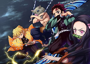 Demon Slayer Kamado Squad Action Art with Tanjiro, Nezuko, Inosuke, and Zenitsu HD wallpaper