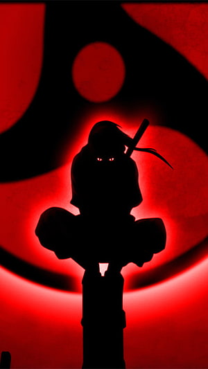 Itachi Uchiha Silhouette with Glowing Red Eyes Against Crimson Background HD phone wallpaper
