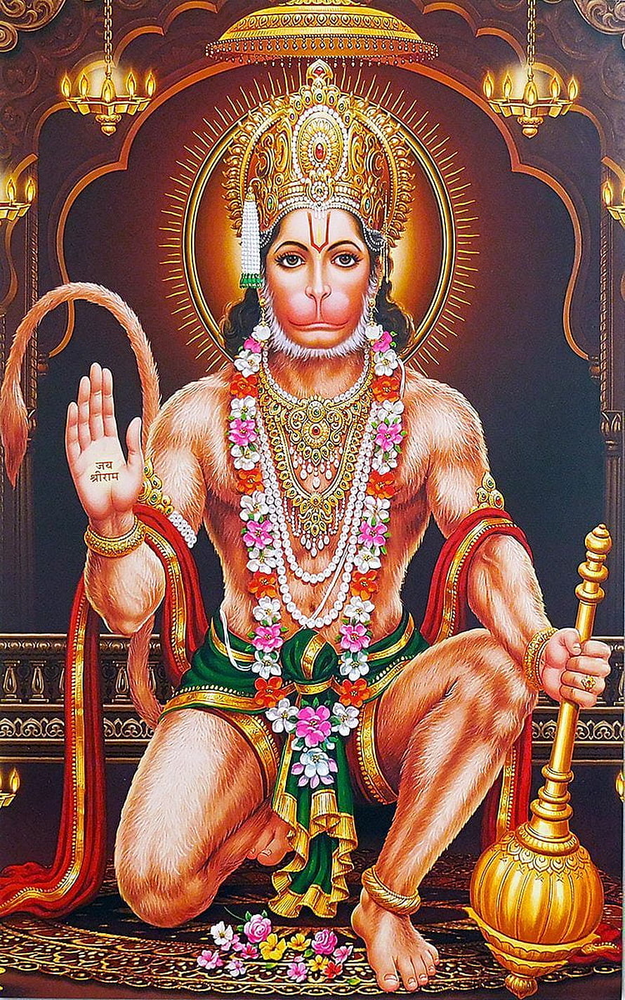 Lord Hanuman Seated in Devotion with Gada and Sacred Garland HD phone wallpaper