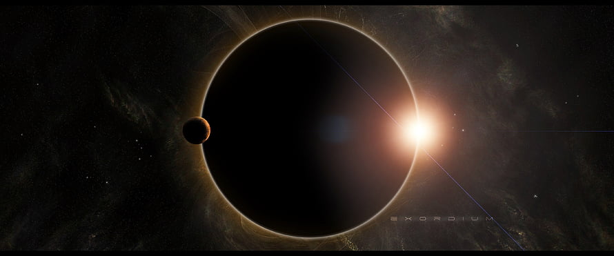 Exordium Sci-Fi Space Scene Featuring Massive Black Hole and Distant Planet HD wallpaper
