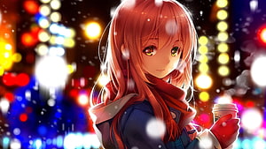 Anime Girl With Red Hair Holding Coffee In Snowy City Lights HD wallpaper