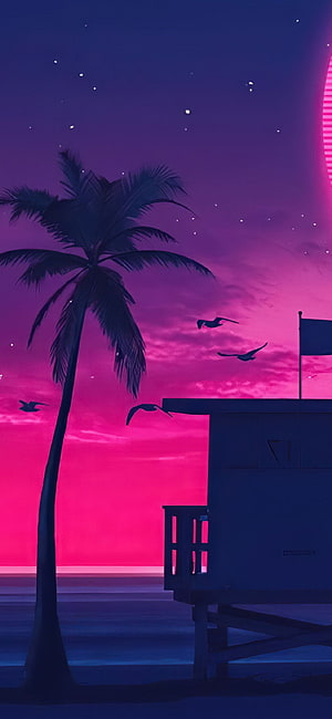 Neon Sunset Beach Scene with Palm Tree and Lifeguard Tower in Retro Synthwave Style HD phone wallpaper