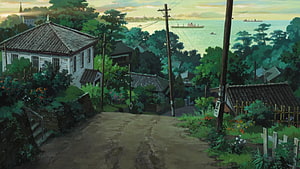 Studio Ghibli Coastal Village Landscape with Traditional Japanese Houses and Lush Greenery HD wallpaper