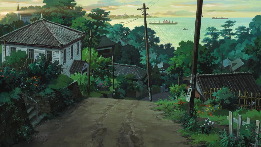 Studio Ghibli Coastal Village Landscape with Traditional Japanese Houses and Lush Greenery HD wallpaper