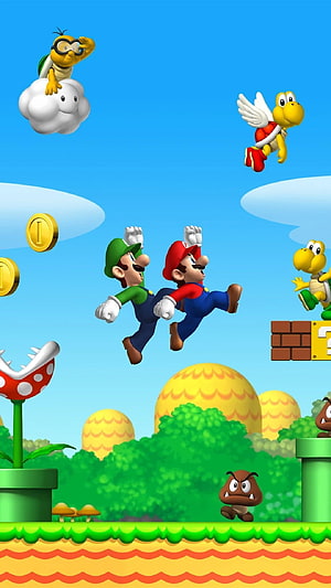 Super Mario and Luigi Running Through a Vibrant 3D Platformer Level with Goombas and Coins HD phone wallpaper