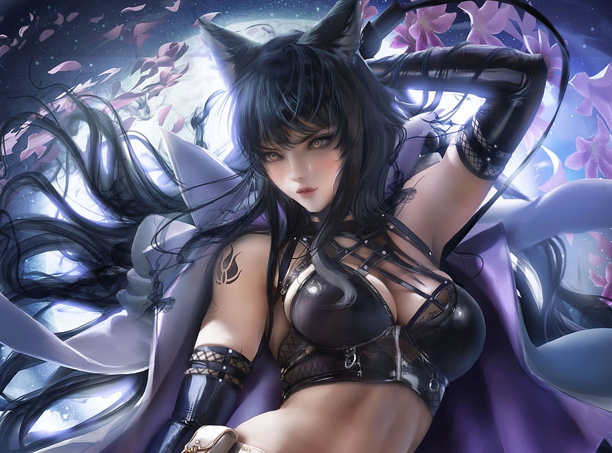 Ahri from League of Legends in a dark fantasy warrior outfit with flowing hair and moonlit background HD wallpaper