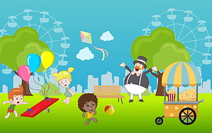 Colorful Cartoon Illustration of Children Playing in a Park with Ferris Wheels and a Popcorn Cart HD wallpaper