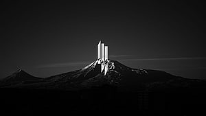 Minimalist Black and White Mountain Landscape with Geometric Overlay HD wallpaper