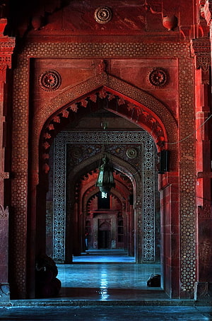 Ornate Red Sandstone Archway in an Indian Palace Corridor with Intricate Carvings HD phone wallpaper